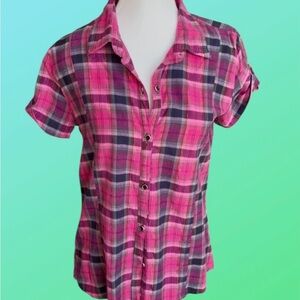 Pink and Black Plaid Button-Up Shirt